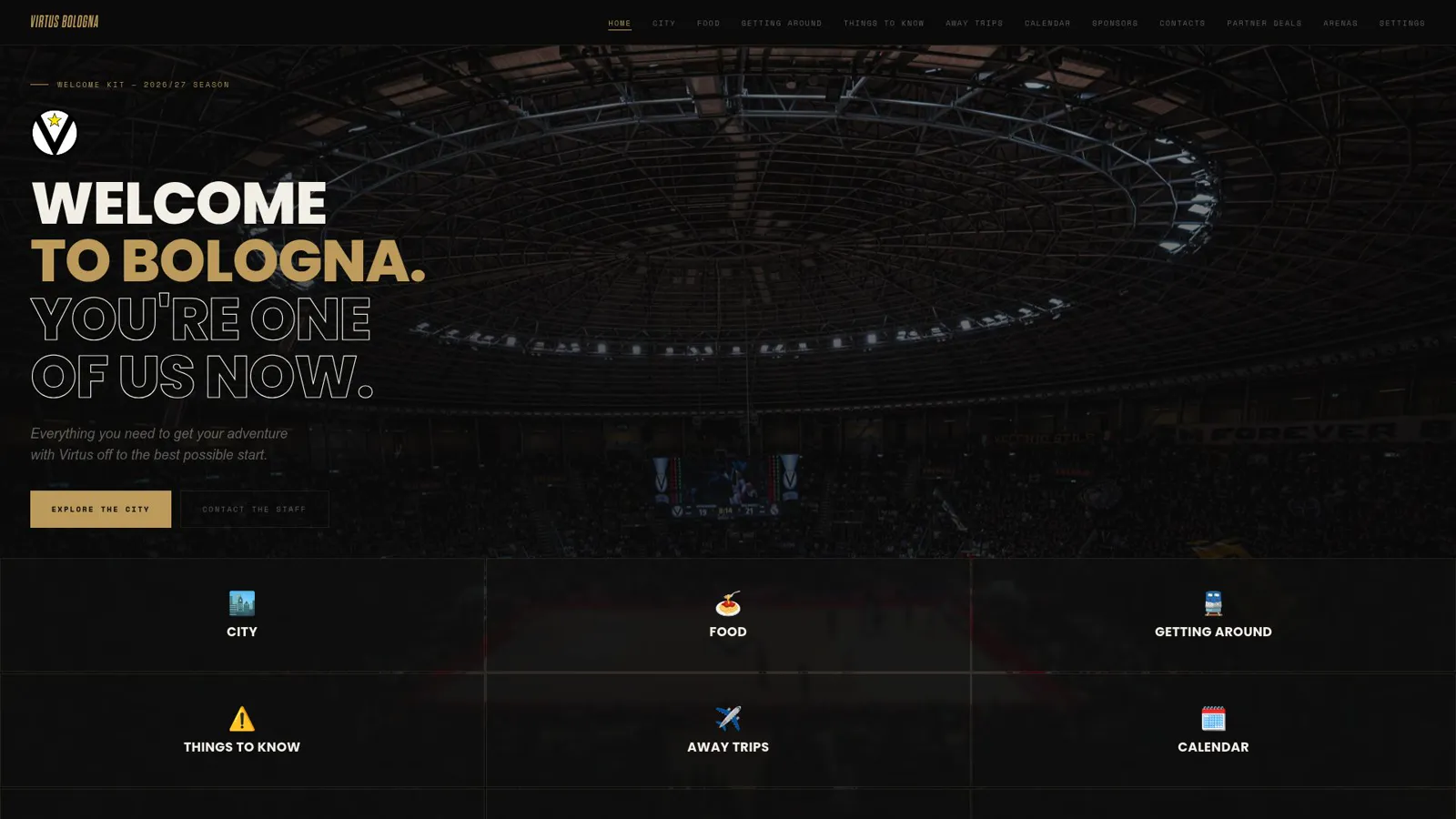 Home della web app Welcome Kit di Virtus Bologna per i nuovi giocatori