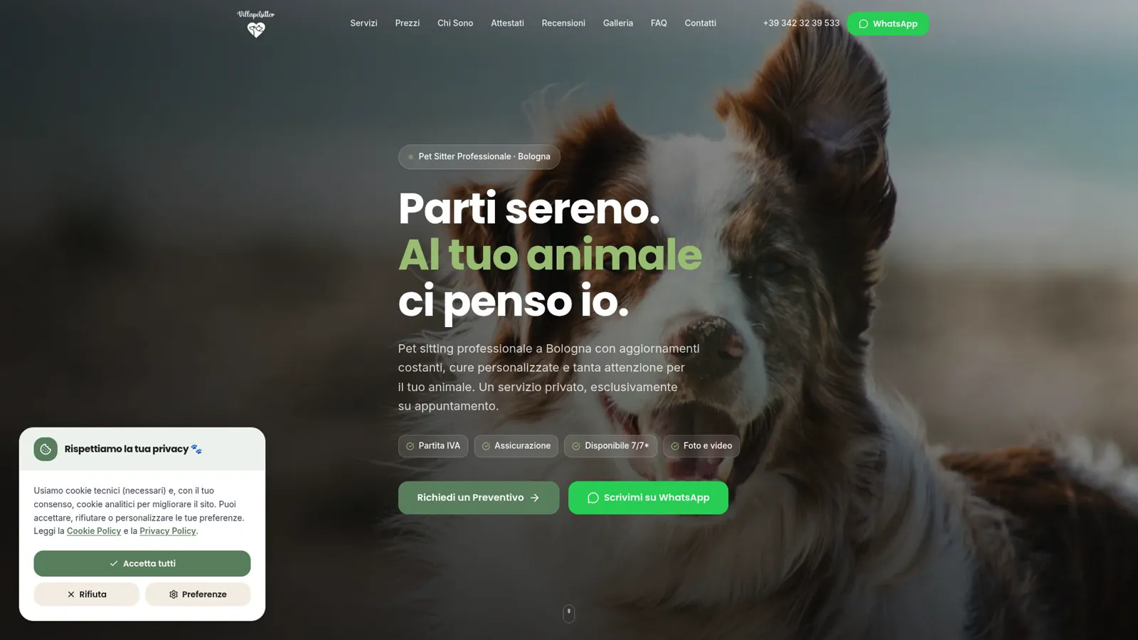 Home page del nuovo sito di Villa Pet Sitter, pet sitter professionale a Bologna, costruito da Dieci Bottega in Next.js