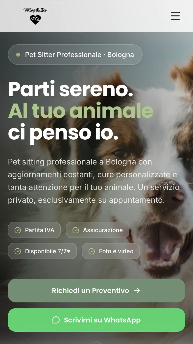 Home page del nuovo sito di Villa Pet Sitter, pet sitter professionale a Bologna, costruito da Dieci Bottega in Next.js